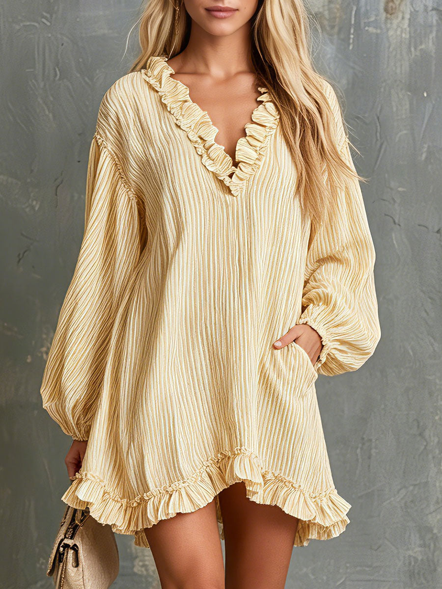 Retro Casual Yellow Striped Ruffled V-neck Long-sleeved Cotton Linen Mini Dress