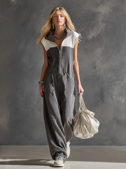 Stylish Sporty Grey And White Color-block Collared Zip-up Jumpsuit