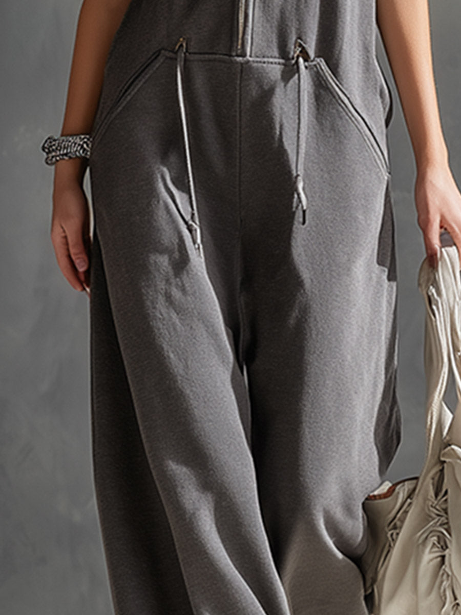 Stylish Sporty Grey And White Color-block Collared Zip-up Jumpsuit
