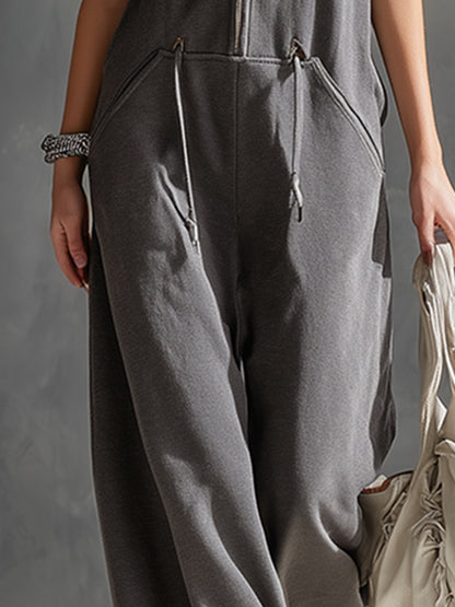 Stylish Sporty Grey And White Color-block Collared Zip-up Jumpsuit