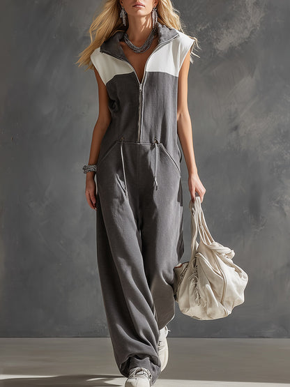 Stylish Sporty Grey And White Color-block Collared Zip-up Jumpsuit