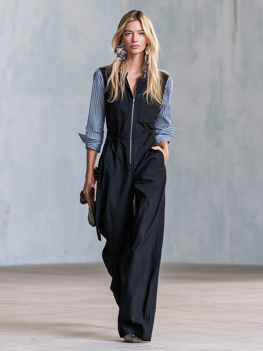 Casual Everyday Black Cotton Patchwork Striped Long-Sleeve Jumpsuit