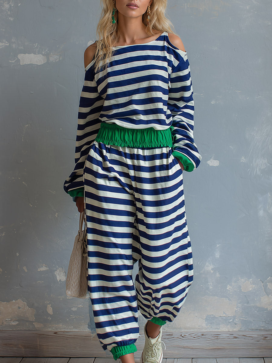 Casual Color-block Trimmed Blue Striped Long-sleeve Athletic Set