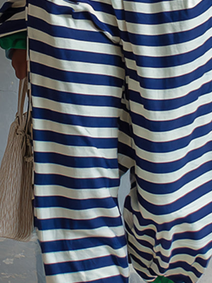 Casual Color-block Trimmed Blue Striped Long-sleeve Athletic Set