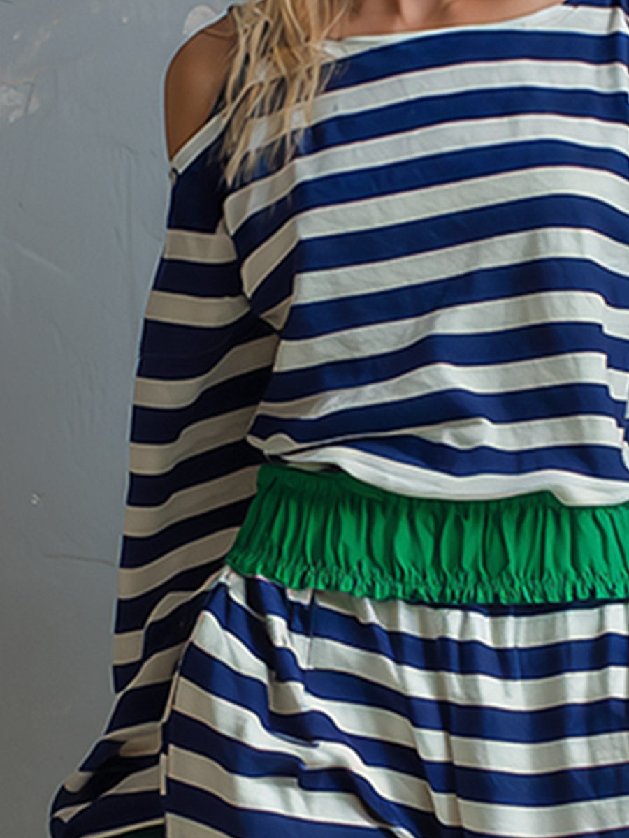 Casual Color-block Trimmed Blue Striped Long-sleeve Athletic Set