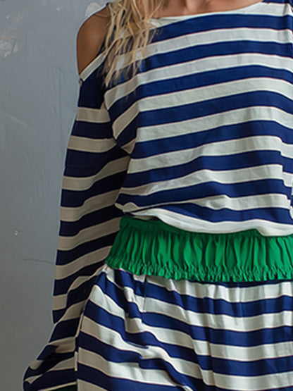 Casual Color-block Trimmed Blue Striped Long-sleeve Athletic Set