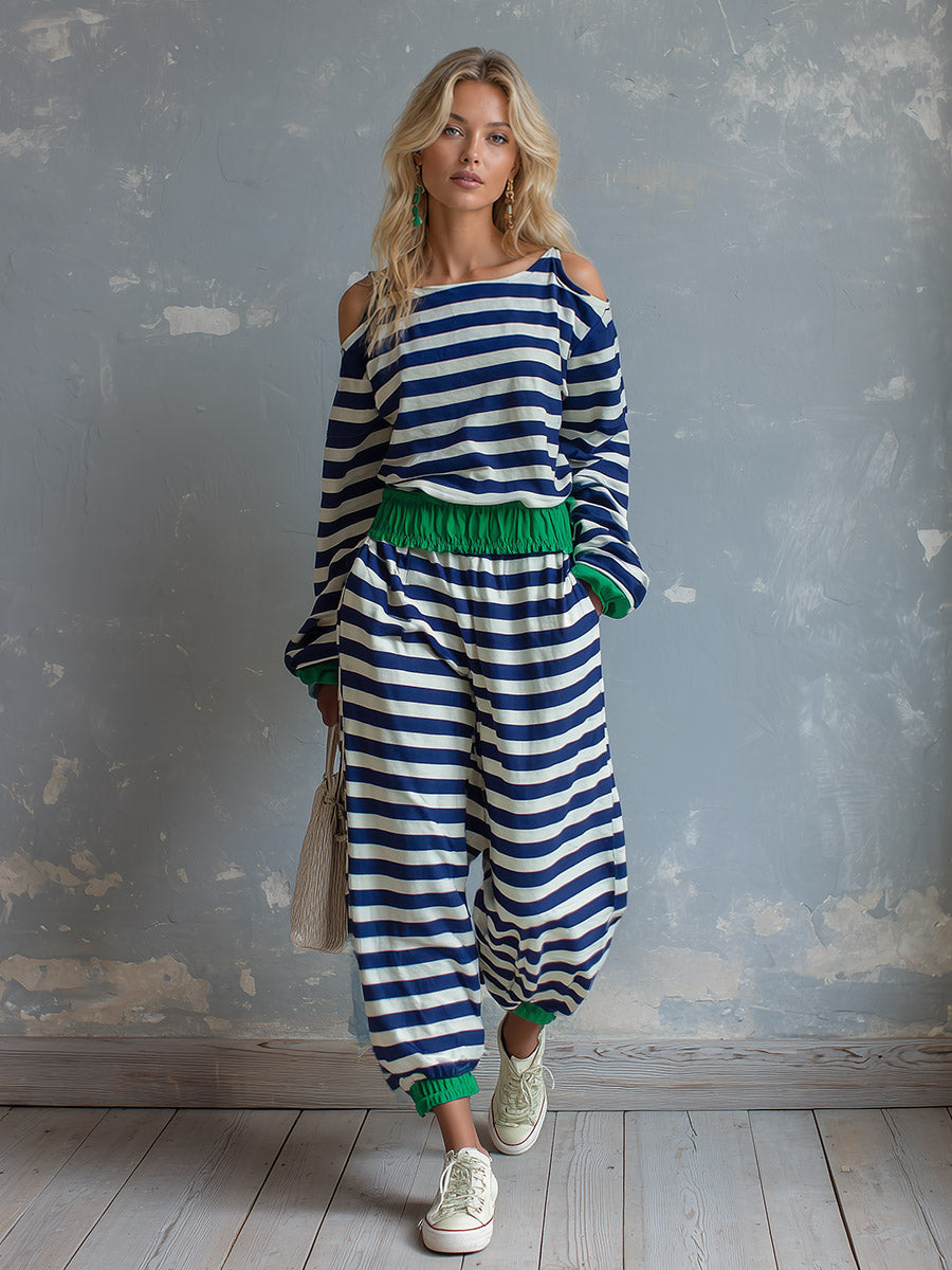 Casual Color-block Trimmed Blue Striped Long-sleeve Athletic Set