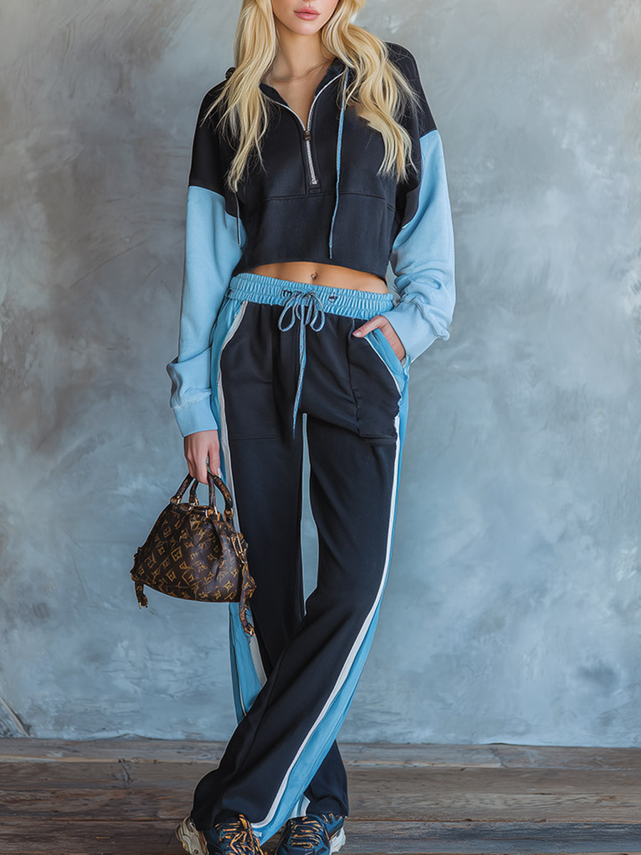 Stylish Black And Blue Color-block Half-zip Sweatshirt And Joggers Set