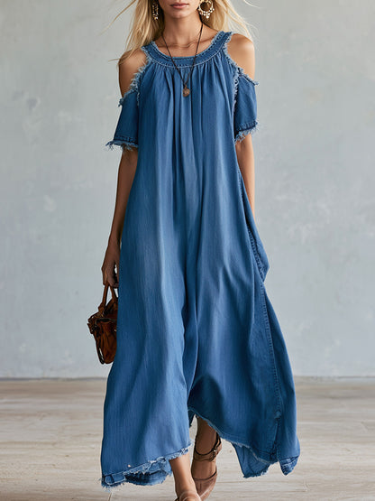 Chic Casual Cut-Out Shoulder Blue Denim Short-Sleeve Maxi Dress