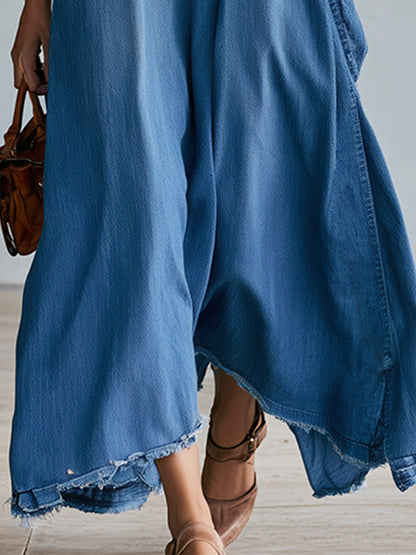 Chic Casual Cut-Out Shoulder Blue Denim Short-Sleeve Maxi Dress
