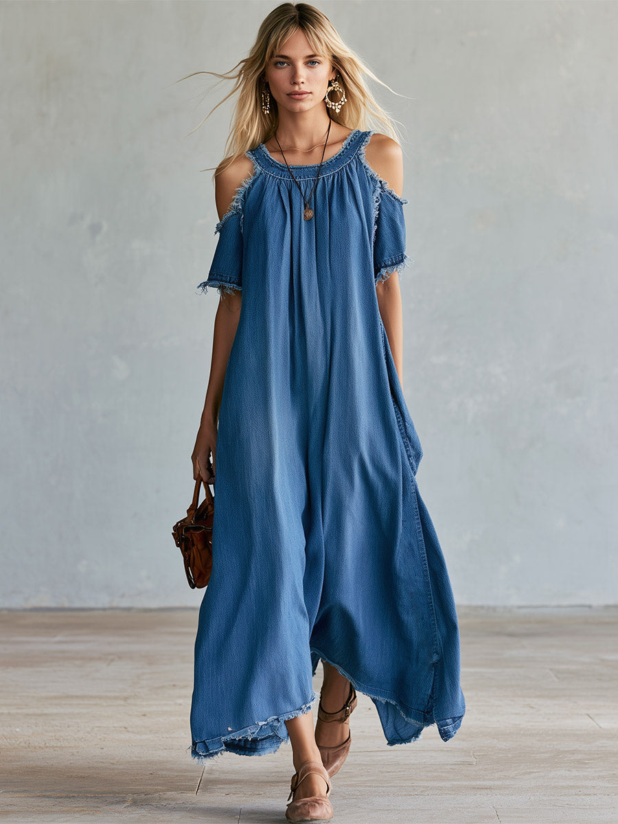 Chic Casual Cut-Out Shoulder Blue Denim Short-Sleeve Maxi Dress