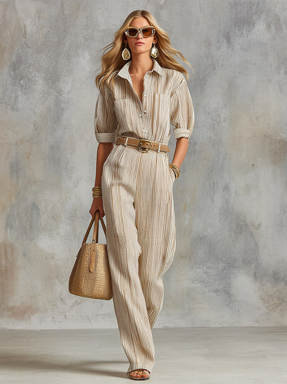 Elegant Classic Beige Striped Shirt And Straight-Leg Trouser Set