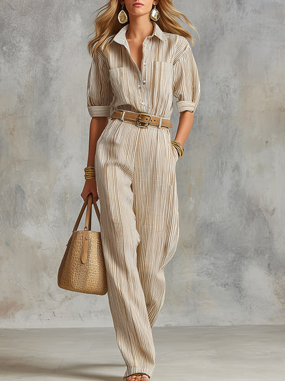 Elegant Classic Beige Striped Shirt And Straight-Leg Trouser Set