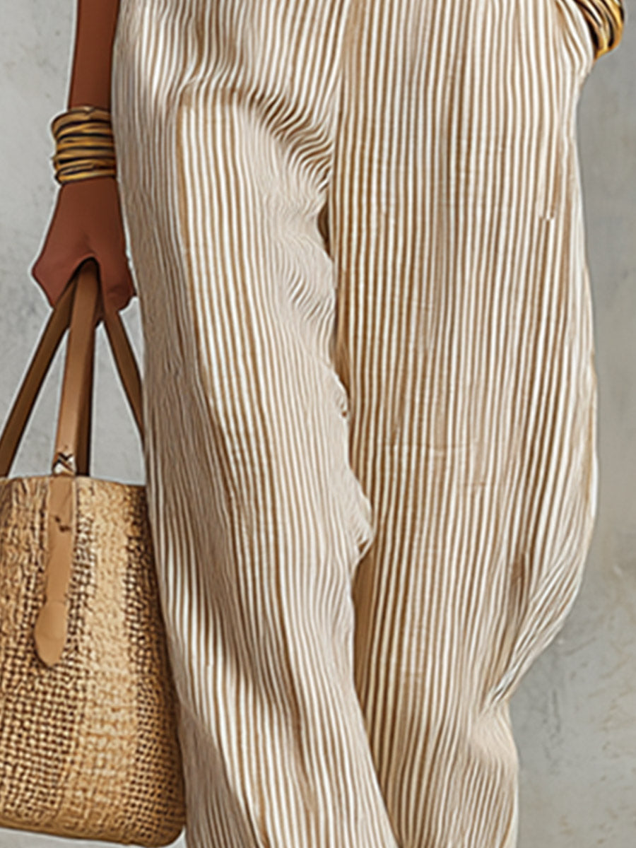 Elegant Classic Beige Striped Shirt And Straight-Leg Trouser Set
