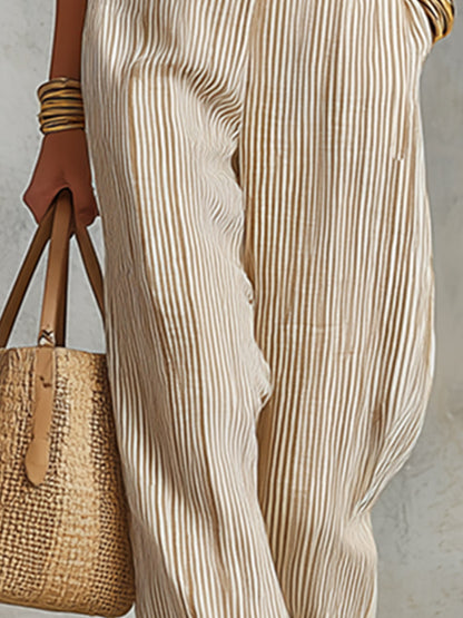 Elegant Classic Beige Striped Shirt And Straight-Leg Trouser Set