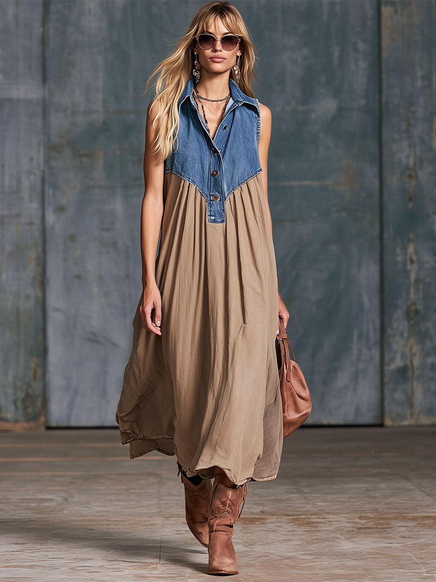 Elegant Urban Blue Denim Patchwork Khaki Cotton Maxi Dress