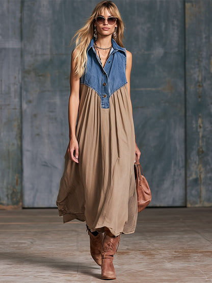 Elegant Urban Blue Denim Patchwork Khaki Cotton Maxi Dress