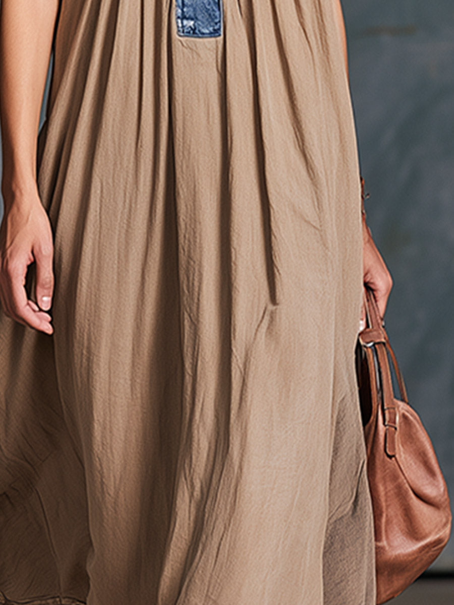 Elegant Urban Blue Denim Patchwork Khaki Cotton Maxi Dress