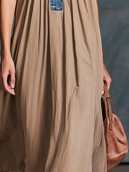 Elegant Urban Blue Denim Patchwork Khaki Cotton Maxi Dress