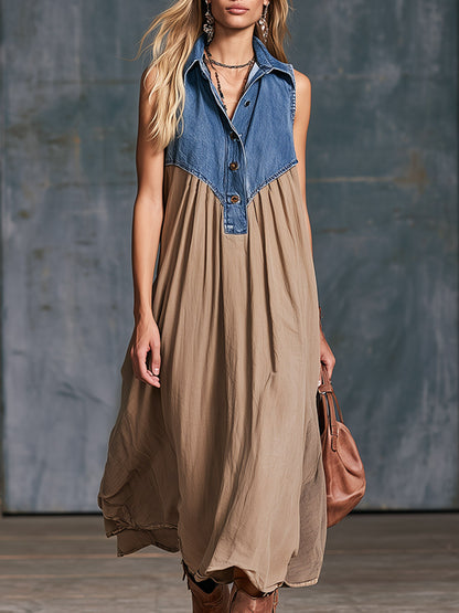 Elegant Urban Blue Denim Patchwork Khaki Cotton Maxi Dress