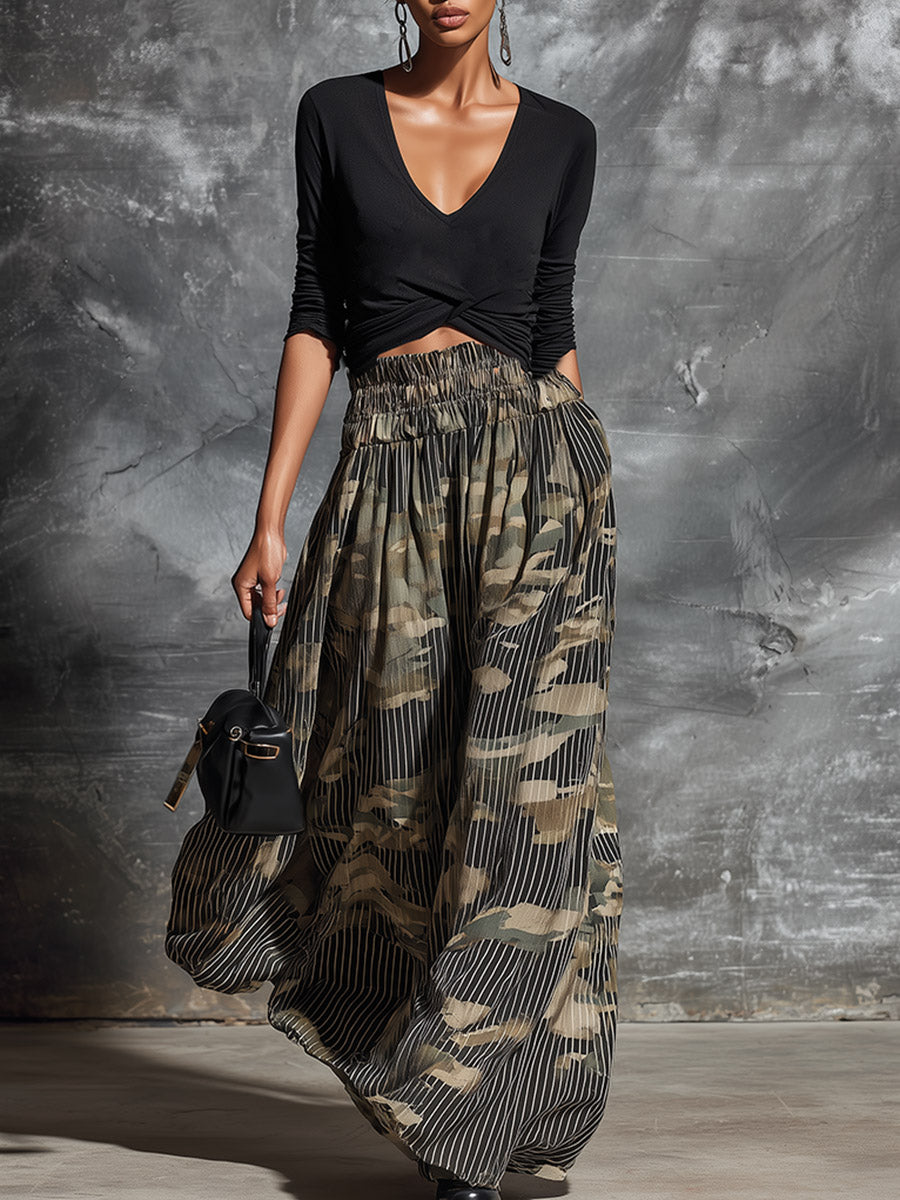 Stylish Black Stretch Long-sleeve T-shirt And Striped Camouflage Midi Skirt Set