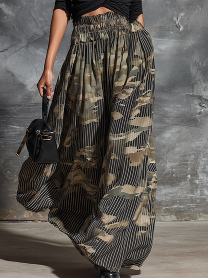 Stylish Black Stretch Long-sleeve T-shirt And Striped Camouflage Midi Skirt Set