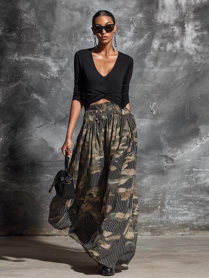 Stylish Black Stretch Long-sleeve T-shirt And Striped Camouflage Midi Skirt Set