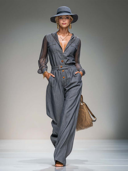 Elegant Utility Grey Tencel-Denim Sheer-Sleeve Button-Front Wide-Leg Jumpsuit