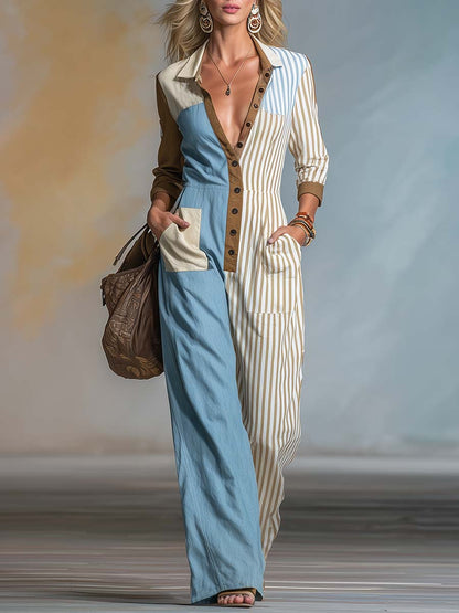 Retro Color-Block Blue Brown &amp; Striped Button-Front Wide-Leg Cotton-Linen Jumpsuit