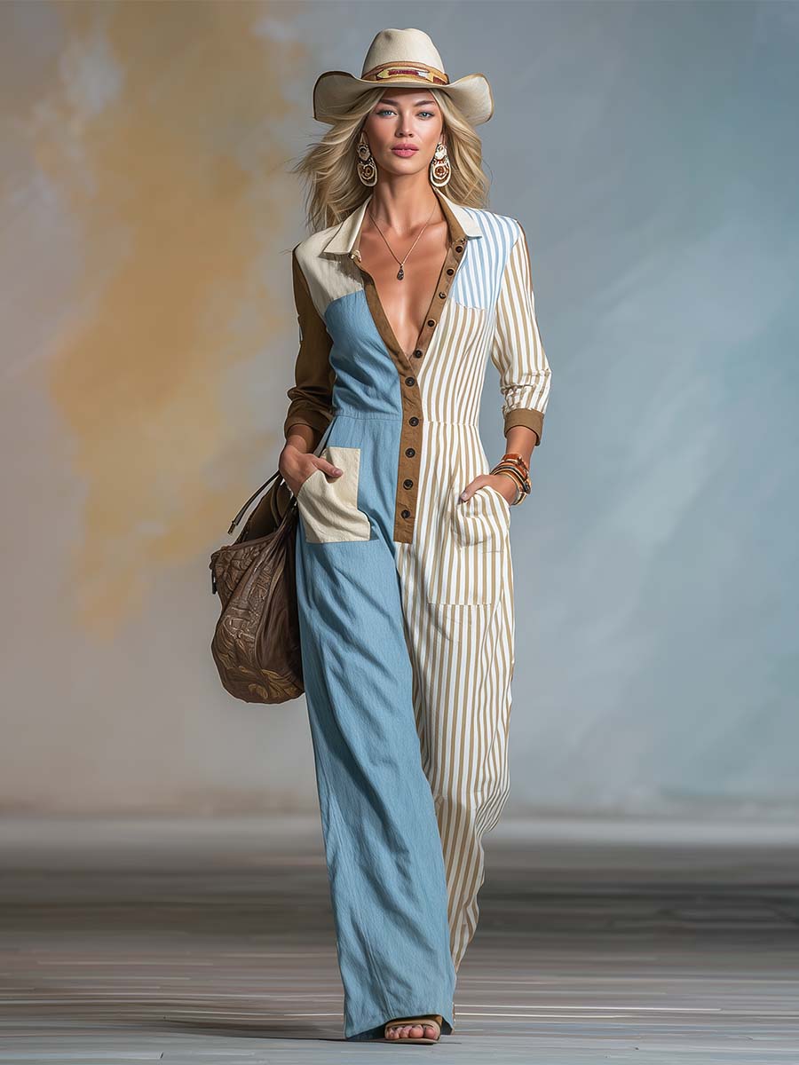 Retro Color-Block Blue Brown &amp; Striped Button-Front Wide-Leg Cotton-Linen Jumpsuit