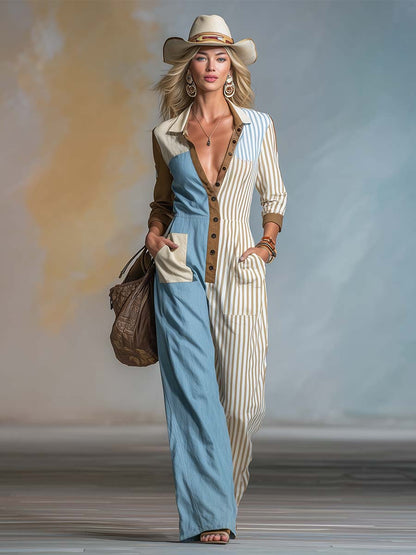 Retro Color-Block Blue Brown &amp; Striped Button-Front Wide-Leg Cotton-Linen Jumpsuit