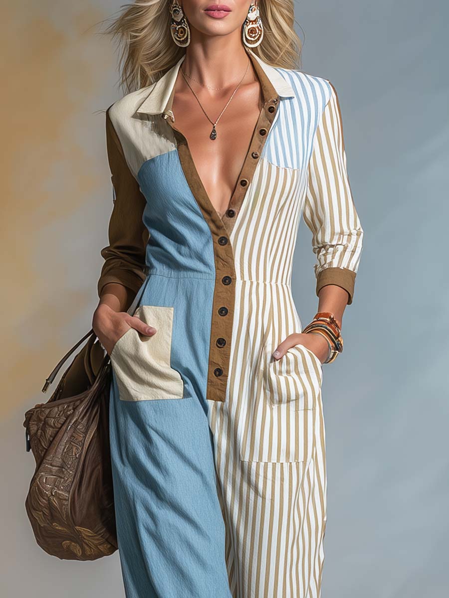 Retro Color-Block Blue Brown &amp; Striped Button-Front Wide-Leg Cotton-Linen Jumpsuit