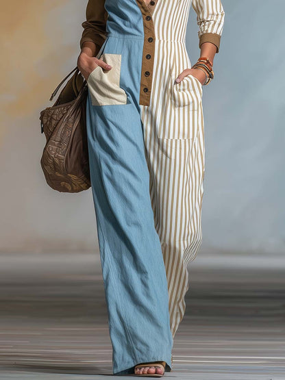 Retro Color-Block Blue Brown &amp; Striped Button-Front Wide-Leg Cotton-Linen Jumpsuit