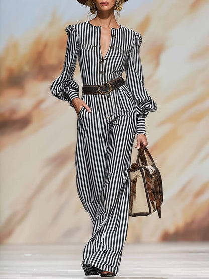 Retro Chic Black And White Striped Puff-Sleeve Belted Wide-Leg Jumpsuit