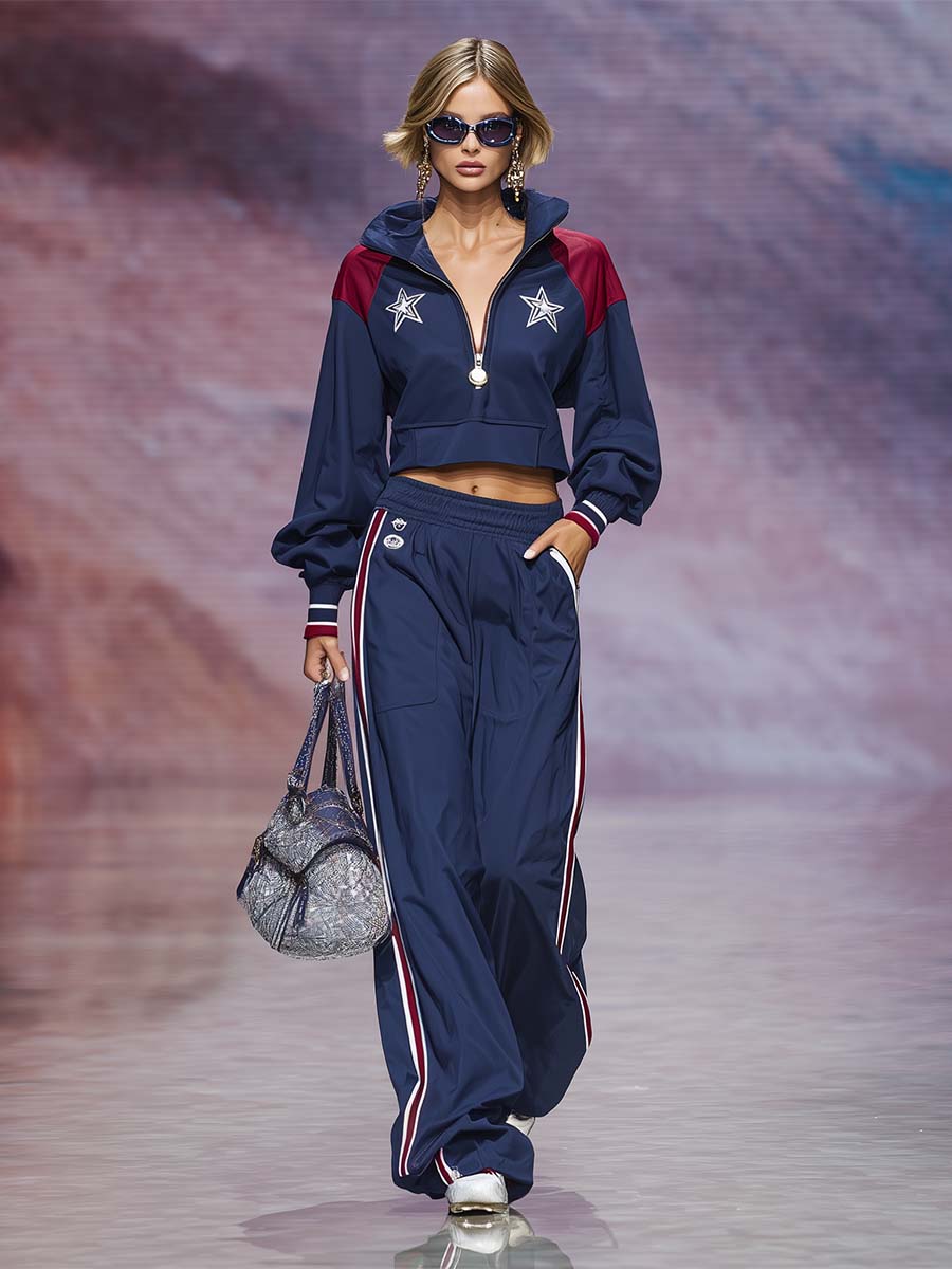 Retro Sporty Star-Patch Navy Half-Zip Cropped Pullover And Wide-Leg Track Pants Set
