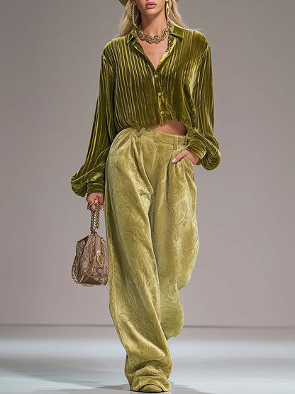 Luxe Retro Olive Green Pleated Velvet Shirt And Embossed Wide-Leg Pants Set