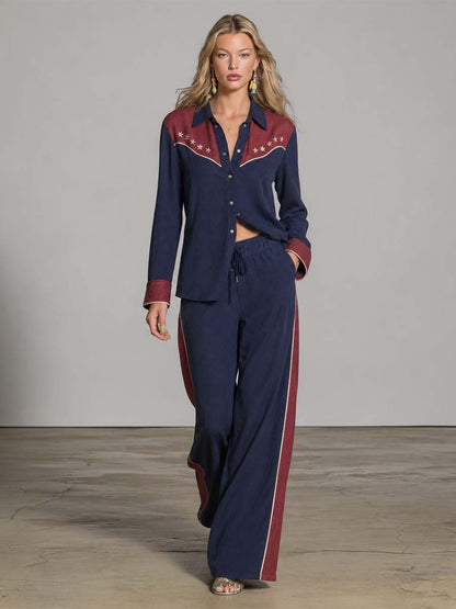 Retro Western Star-Embroidered Navy And Burgundy Cotton-Linen Shirt And Wide-Leg Pants Set