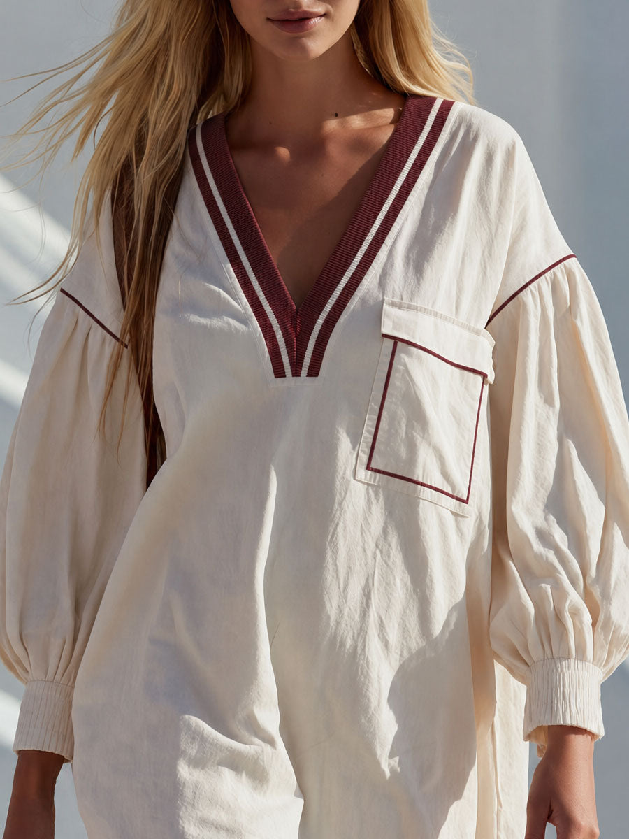 Casual Retro Color-blocked Trim White V-neck Long-sleeved Pure Cotton Mini Dress