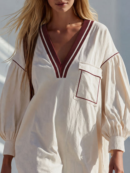 Casual Retro Color-blocked Trim White V-neck Long-sleeved Pure Cotton Mini Dress