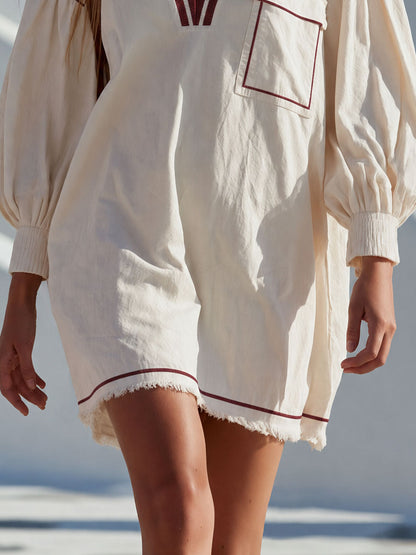 Casual Retro Color-blocked Trim White V-neck Long-sleeved Pure Cotton Mini Dress