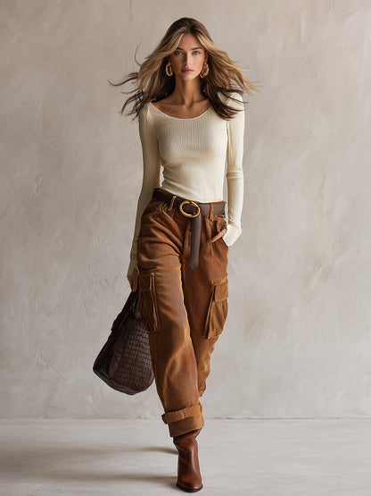 Retro-style Off-white Breathable Top And Brown Corduroy Utility Pants Set