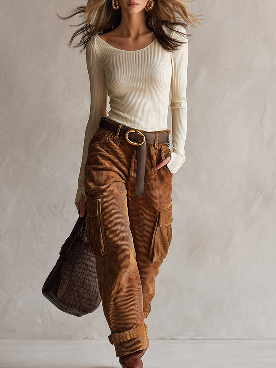 Retro-style Off-white Breathable Top And Brown Corduroy Utility Pants Set