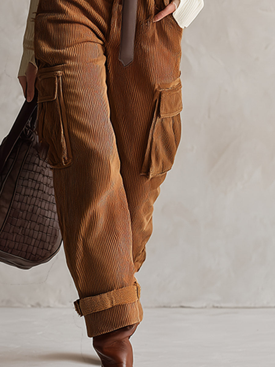 Retro-style Off-white Breathable Top And Brown Corduroy Utility Pants Set