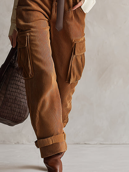 Retro-style Off-white Breathable Top And Brown Corduroy Utility Pants Set