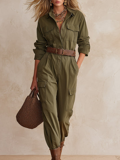 Retro-style Army Green Multi-pocket Utility Jumpsuit