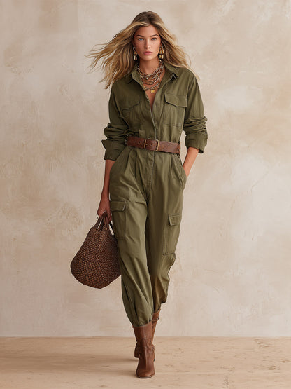 Retro-style Army Green Multi-pocket Utility Jumpsuit
