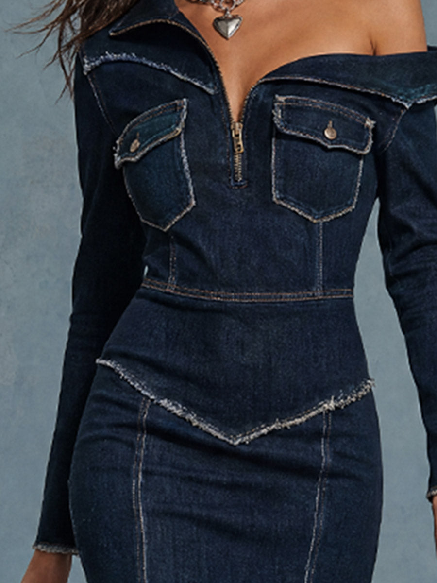 Elegant Vintage-style Collar Dark Blue Raw-edge Denim Midi Dress