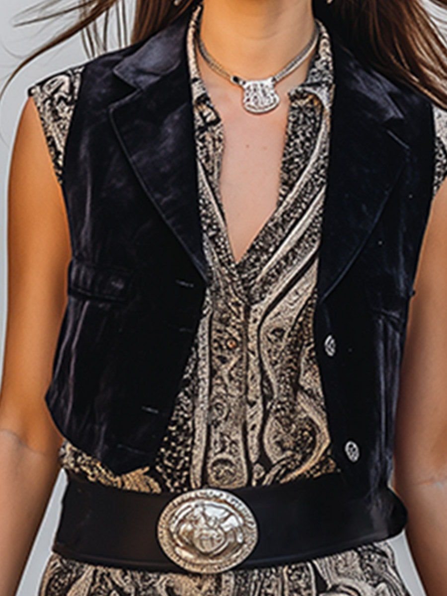 Vintage-style Western Black Paisley Chiffon Maxi Dress And Faux Suede Vest Set