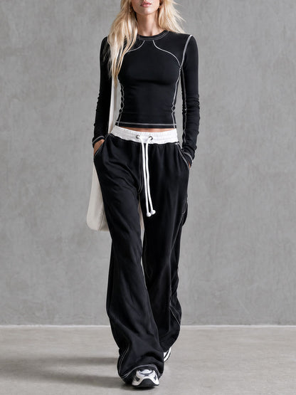 Casual Retro Black Cotton Crew Neck Long-sleeved T-shirt And Pants Set