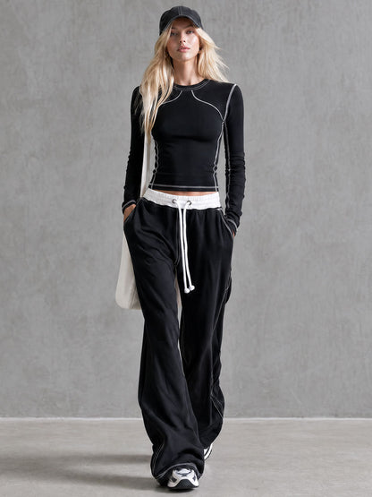 Casual Retro Black Cotton Crew Neck Long-sleeved T-shirt And Pants Set